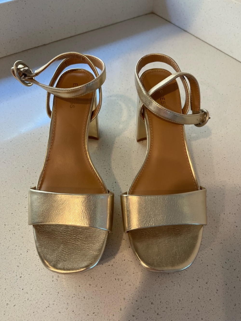 Express Metallic Gold Block Heel Sandals with Ankle Strap